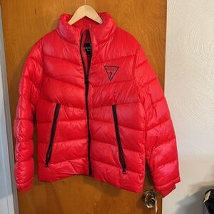 Guess Puffer Jacket Mens Medium Red Zip Pockets